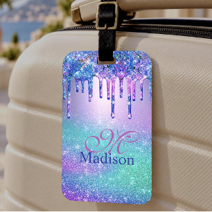 Chic blau violett Ombre Glitter-Tropfen Monogramm Gepäckanhänger