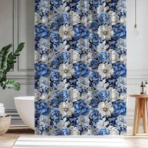 Chic Blau Weiß Elfenbein Blumen Modern Duschvorhan Duschvorhang