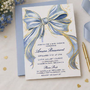 Chic Blaue Couture-Watercolor-Schleife Baby- Showe Folieneinladung