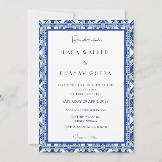 Chic Blaue Fliesen-Hochzeit Eleganz Einladung (Vorderseite)