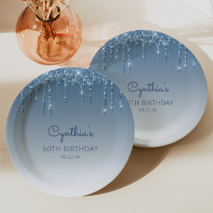 Chic Blaue Glitter-Drip 60. Geburtstagsfeier Pappteller