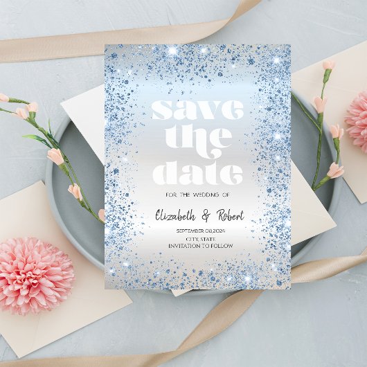 Chic Blaue Glitterstaub-Konfetti Save The Date