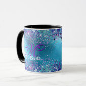 Chic Blaue rosa irisierende Glitter-Monogramm Tasse (Vorderseite Links)