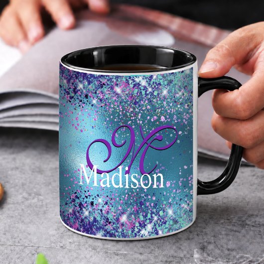 Chic Blaue rosa irisierende Glitter-Monogramm Tasse