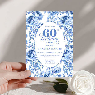 Chic Blaue Toile-Rosen 60. Geburtstagseinladung Einladung