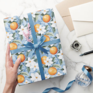 Chic Blaue Weiße Blumen Orangen Brautparty Geschenkpapier