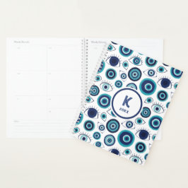 Chic Blaue Weiße Griechische Böser Blick Monogramm Planer
