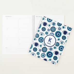 Chic Blaue Weiße Griechische Böser Blick Monogramm Planer