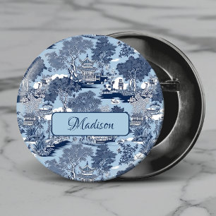 Chic Blaue weiße Weide Chinoiserie Cottage Button