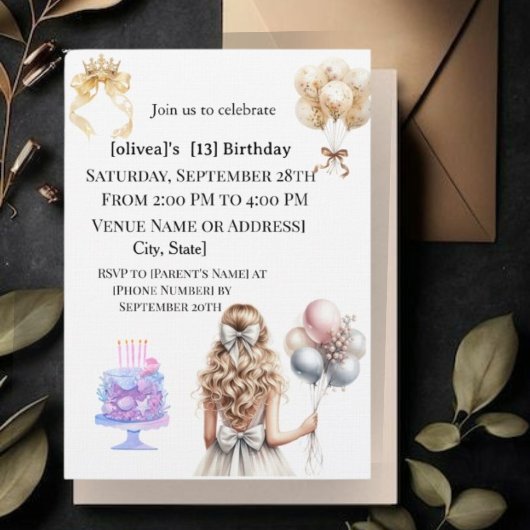 Chic Blonde Girl 13th Birthday Party Invitation Einladung