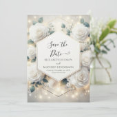 Chic Bloom White Roses Wedding Save The Date (Stehend Vorderseite)