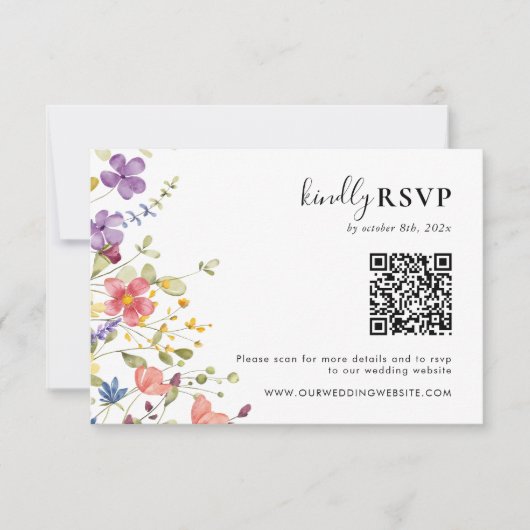 Chic Blooming Wild Blume QR Code Hochzeit RSVP Karte (Vorderseite)