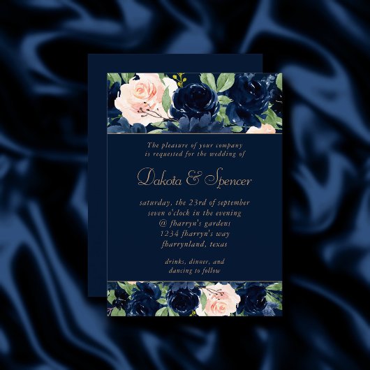 Chic Blooms | Dark Navy Blue and Blush Garland Einladung