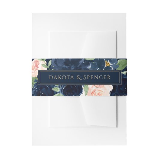 Chic Blooms | Dark Navy Blue und Blush Bouquet Einladungsbanderole (Vorderseite Beispiel)