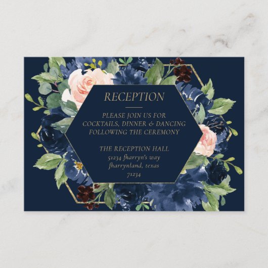 Chic Blooms | Dunkler Navy Blue und Blush Empfang Begleitkarte (Vorderseite)