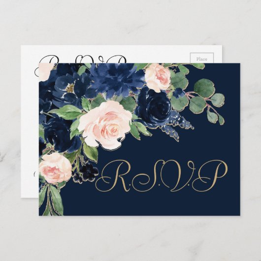 Chic Blooms | Dunkles Navy Blau und Blush Pink Ent Postkarte (Vorne/Hinten)