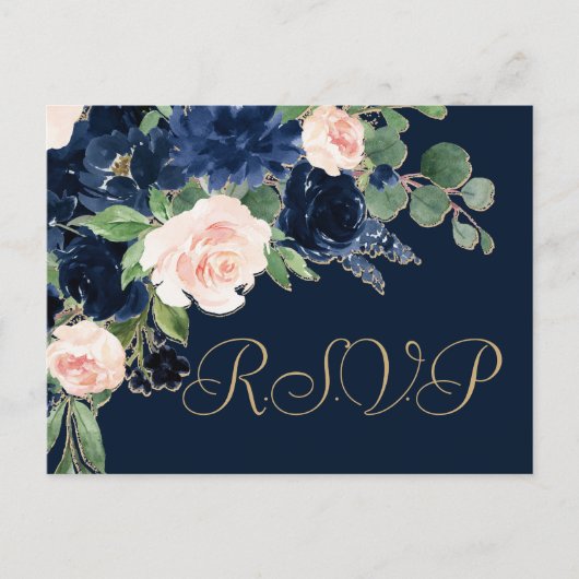 Chic Blooms | Dunkles Navy Blau und Blush Pink Ent Postkarte (Vorderseite)