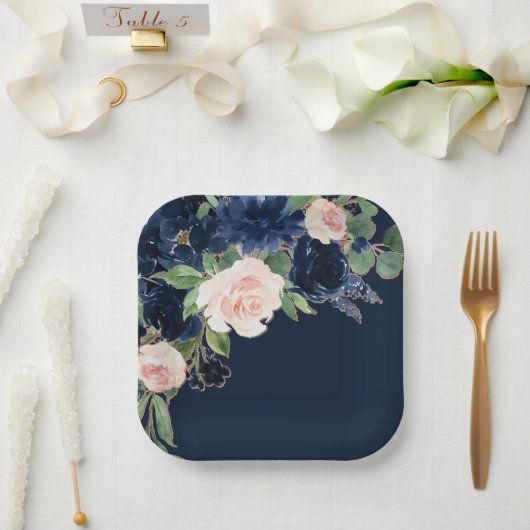 Chic Blooms | Dunkles Navy Blau und Rosa Rosa Blüt Pappteller (Hochzeit)