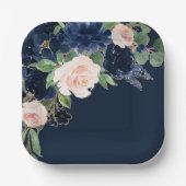 Chic Blooms | Dunkles Navy Blau und Rosa Rosa Blüt Pappteller (Vorderseite)
