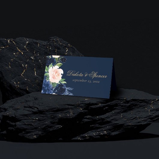 Chic Blooms | Dunkles Navy Blau und Rosa Rosa Blüt Platzkarte
