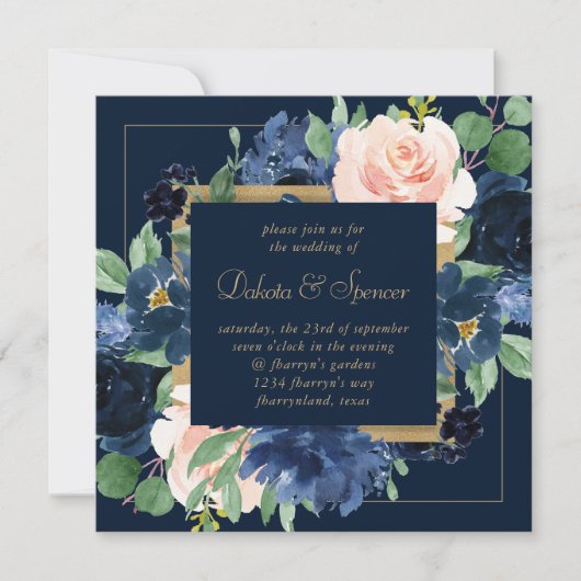 Chic Blooms | Dunkles Navy Blue und Blush Kranz Einladung (Vorderseite)