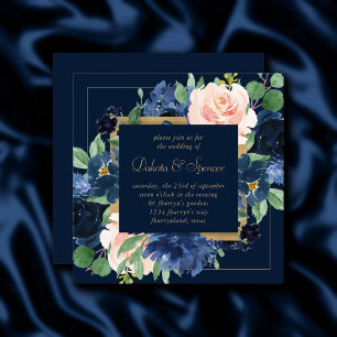 Chic Blooms Dunkles Navy Blue und Blush Kranz Einladung