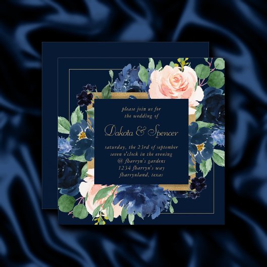 Chic Blooms | Dunkles Navy Blue und Blush Kranz Einladung