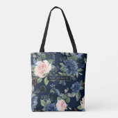 Chic Blooms | Dunkles Navy Blue und Blush Monogram Tasche (Rückseite)