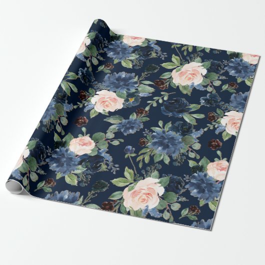 Chic Blooms | Dunkles Navy Blue und Blush Pattern Geschenkpapier (Ungerollt)