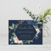 Chic Blooms | Dunkles Navy Blue und Blush Pink Fot Save The Date (Stehend Vorderseite)