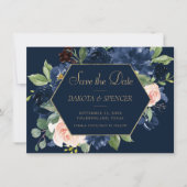 Chic Blooms | Dunkles Navy Blue und Blush Pink Fot Save The Date (Vorderseite)