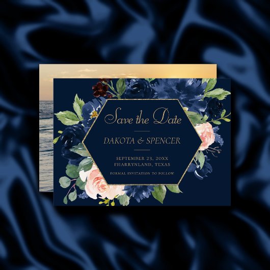 Chic Blooms | Dunkles Navy Blue und Blush Pink Fot Save The Date