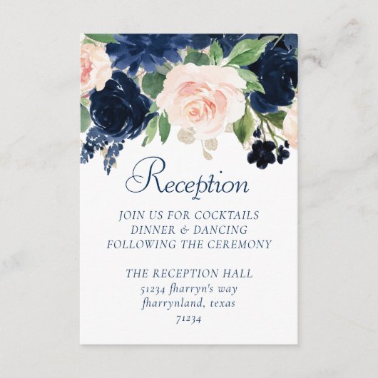 Chic Blooms | Empfang Navy Blue und Blush Pink Begleitkarte (Vorderseite)