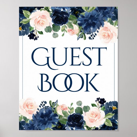Chic Blooms | Gästebuchsignatur Navy und Pink Flor Poster (Vorne)