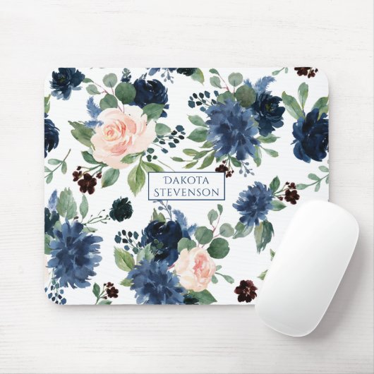Chic Blooms | Monogramm Navy Blue und Blush Floral Mousepad (Mit Mouse)