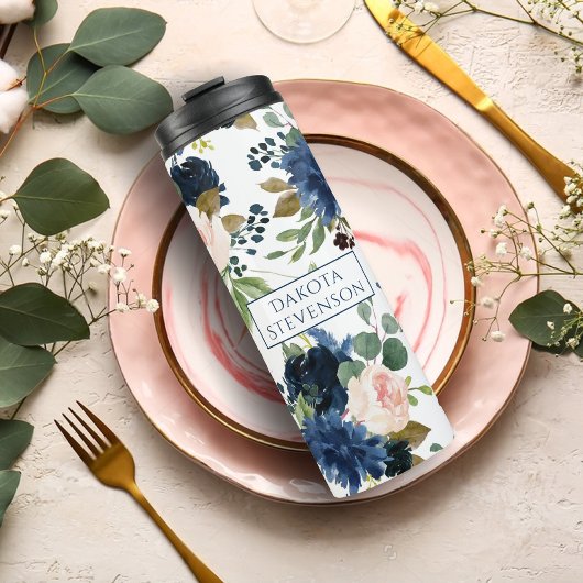 Chic Blooms | Monogramm Navy Blue und Blush Floral Thermosbecher