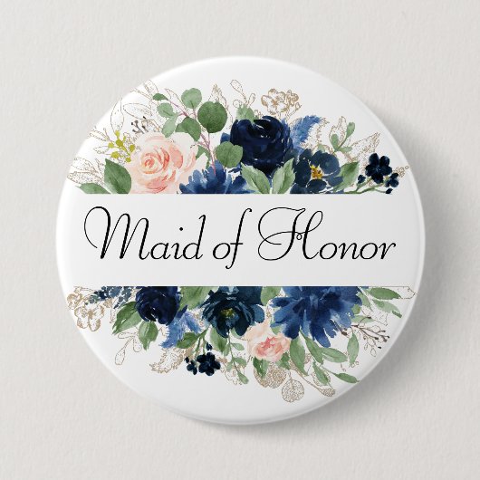 Chic Blooms | Navy Blue and Blush Brautparty Button (Vorderseite)