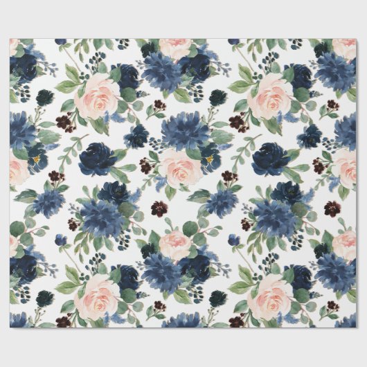 Chic Blooms | Navy Blue and Blush Floral Muster Geschenkpapier (Flach)