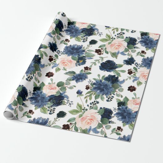 Chic Blooms | Navy Blue and Blush Floral Muster Geschenkpapier (Ungerollt)