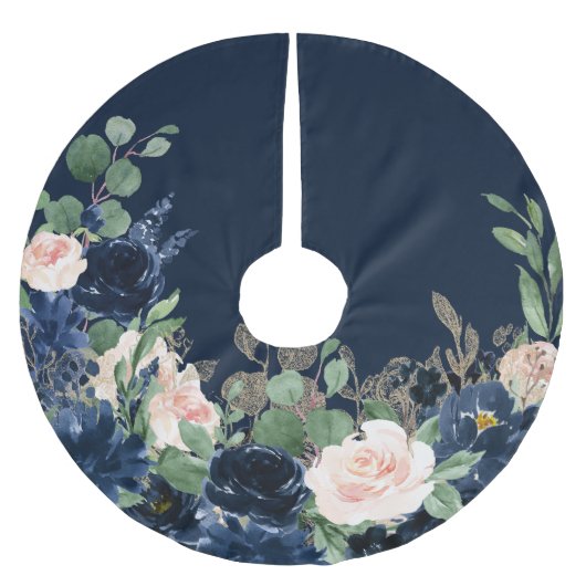 Chic Blooms | Navy Blue and Blush Floral Muster Polyester Weihnachtsbaumdecke (Vorderseite)