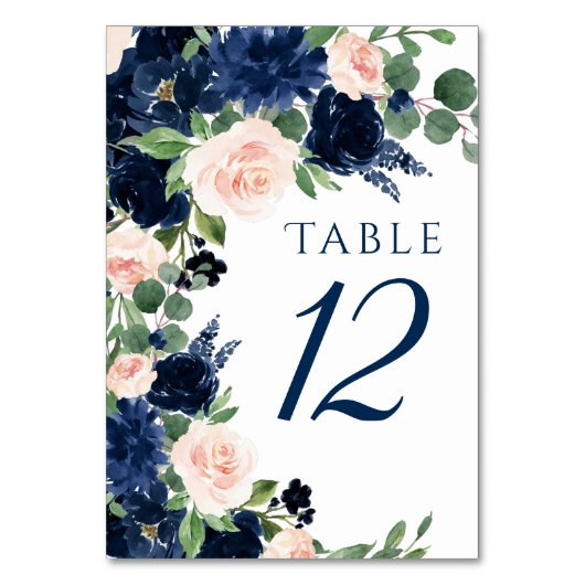 Chic Blooms | Navy Blue and Blush Floral Wreath Tischnummer (Vorderseite)