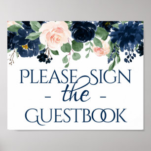 Chic Blooms   Navy Blue and Blush Guestbook Signat Poster