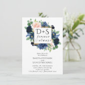 Chic Blooms | Navy Blue and Blush Monogram Foto Einladung (Stehend Vorderseite)
