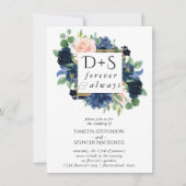 Chic Blooms | Navy Blue and Blush Monogram Foto Einladung (Vorderseite)