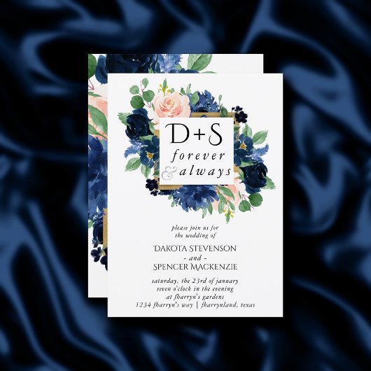 Chic Blooms | Navy Blue and Blush Monogram Foto Einladung