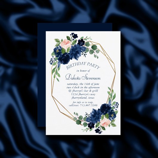 Chic Blooms | Navy Blue and Blush Pink Birthday Einladung