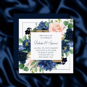 Chic Blooms   Navy Blue and Blush Pink Floral Einladung