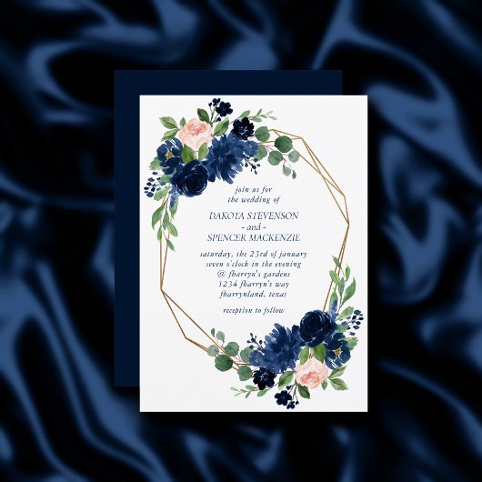 Chic Blooms | Navy Blue and Blush Pink Floral Einladung