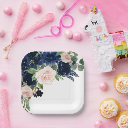 Chic Blooms | Navy Blue and Blush Pink Floral Pappteller (Party)