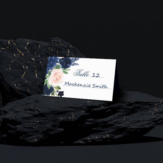 Chic Blooms | Navy Blue and Blush Pink Floral Platzkarte